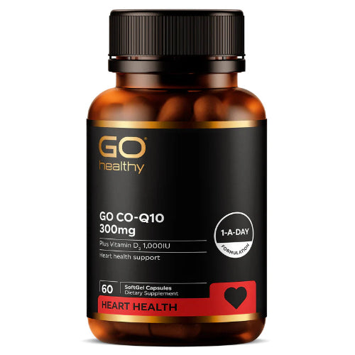 Supplement bottle labeled 'GO Healthy' with CO-Q10 and Vitamin D on a white background