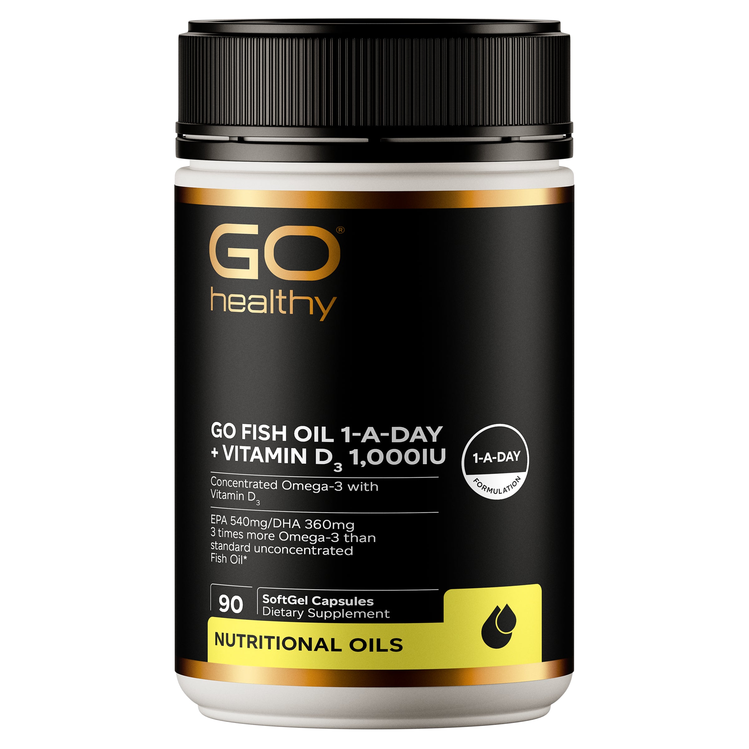 Go Healthy Fish Oil 1-A-Day+Vitamin D3 1000IU 90softgels - 365 Health Limited