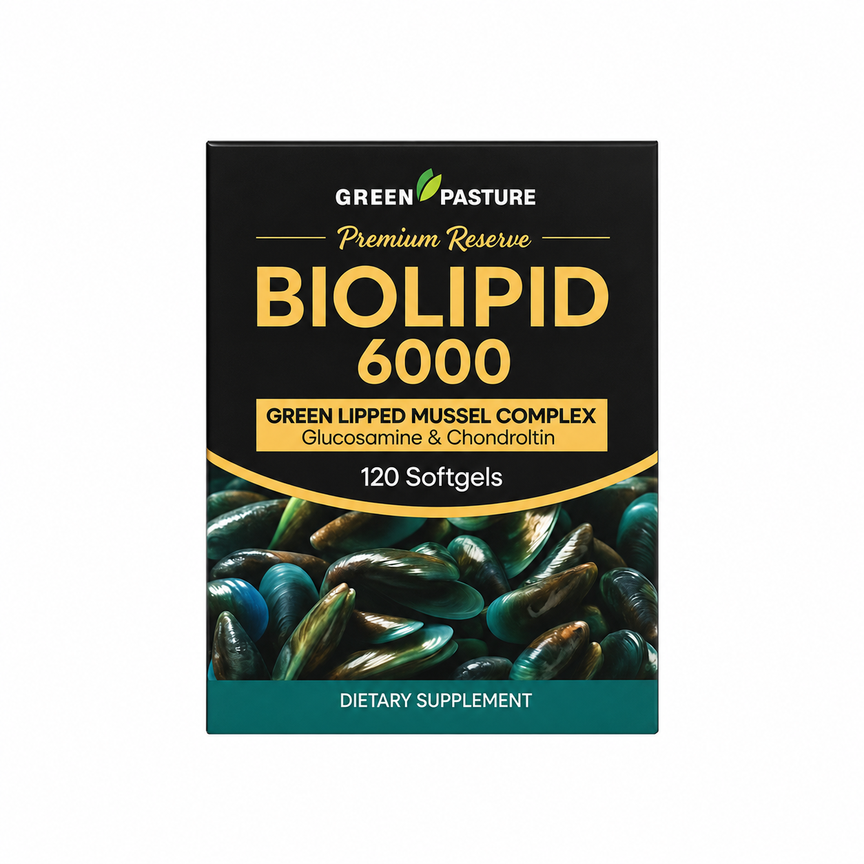 Green Pasture BioLipid Green Lipped Mussel Complex capsules in green bottle, showing the supplement's label and product packaging.