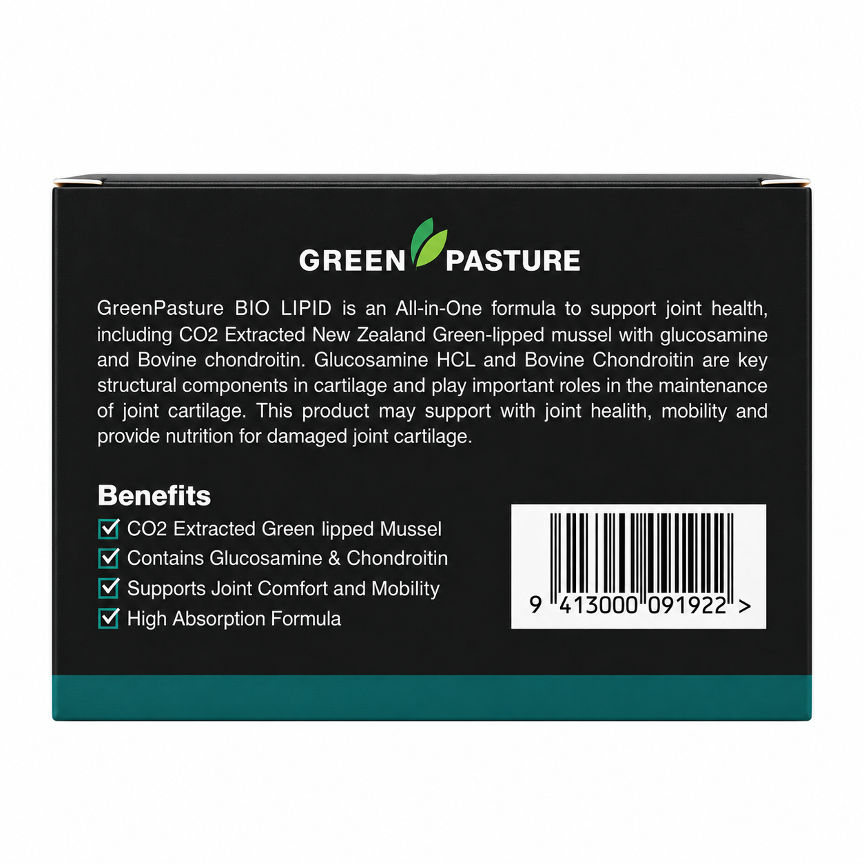 Green Pasture BioLipid Green Lipped Mussel Complex supplement bottle with label, containing green mussel extract capsules.