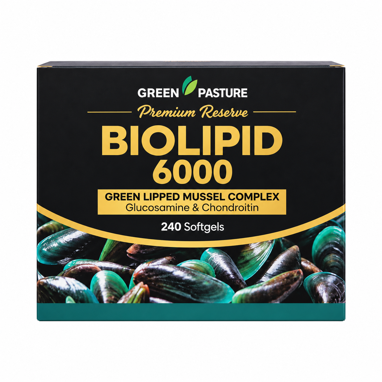 Green Pasture BioLipid Green Lipped Mussel Complex supplement bottle featuring green-lipped mussel capsules on white background