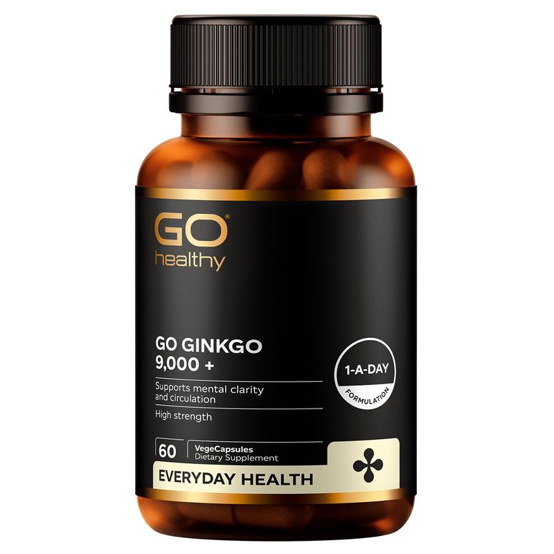 Go Healthy Ginkgo 9000+ VegeCapsules, dietary supplement for brain and memory support, with green capsules on a white background.
