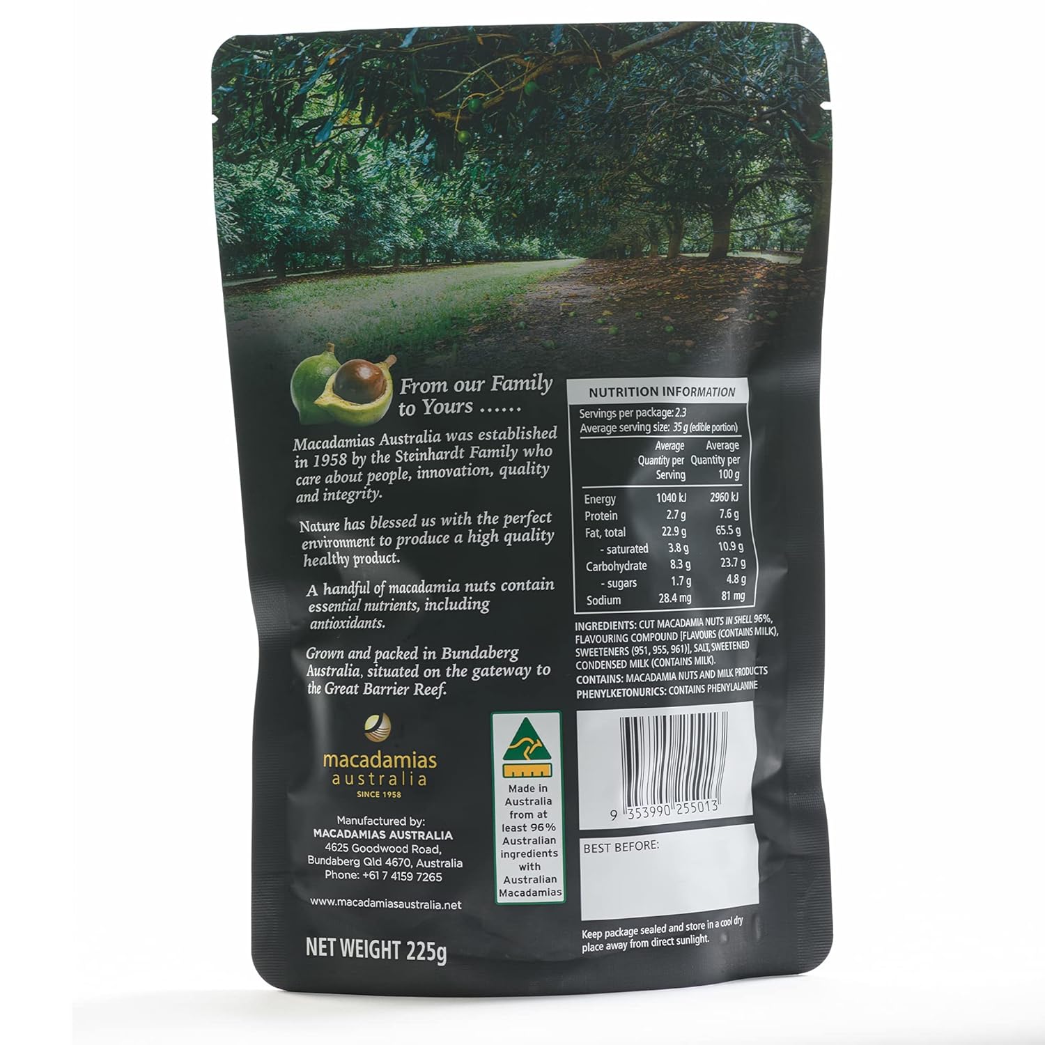 Back view of a macadamia nut packaging with branding and nutritional information.