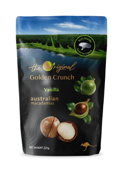 Packaging of Golden Crunch Australian macadamias with a scenic background