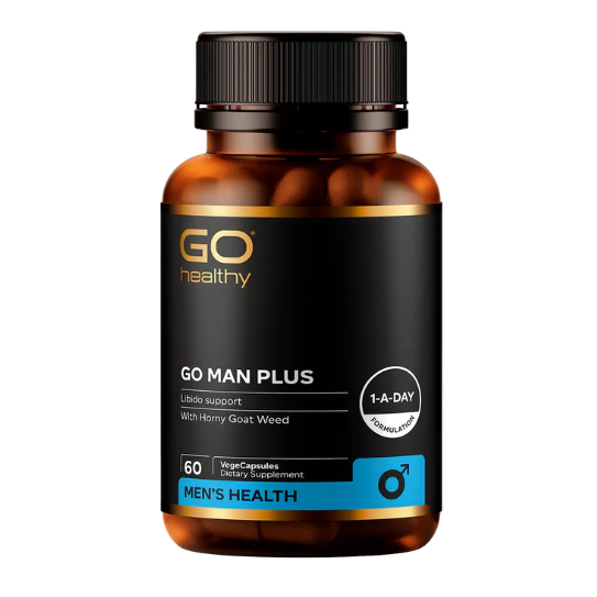 Bottle of GO MAN PLUS supplement on a white background