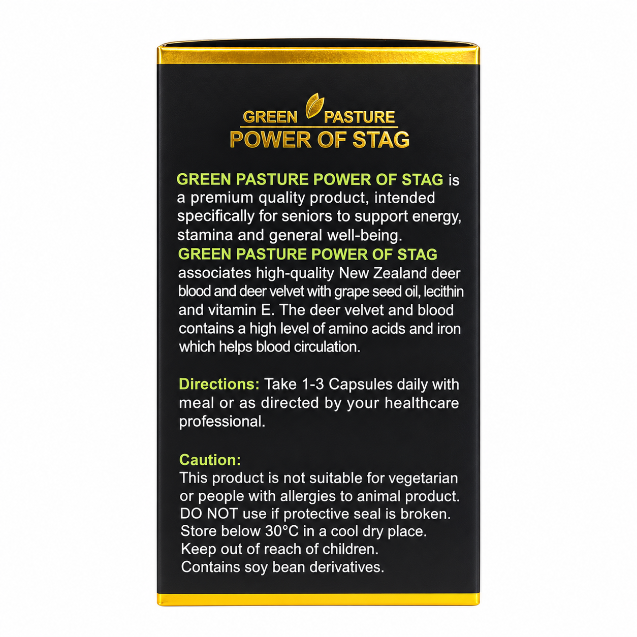 Green Pasture Power of Stag deer velvet supplement showing fresh green deer velvet on a natural background.