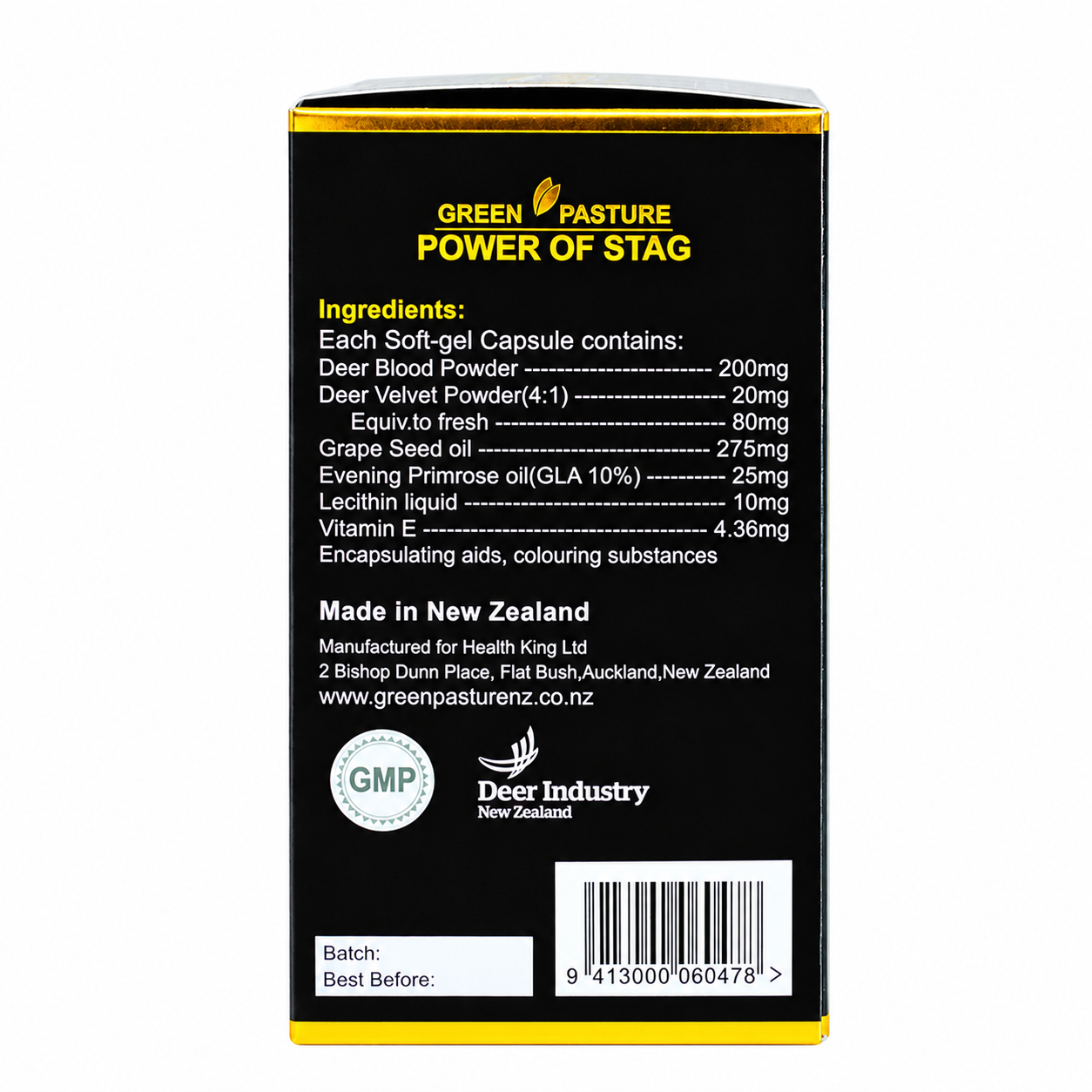 Green Pasture Power of Stag deer velvet supplement bottle with label showing deer imagery and product details.