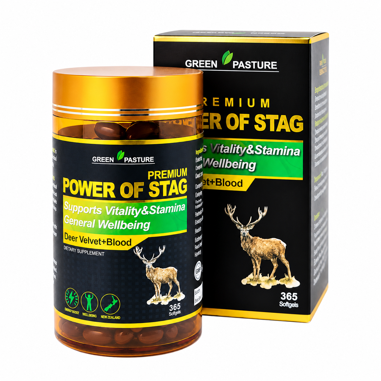Green Pasture Power of Stag deer velvet supplement showing fresh green deer velvet and deer blood in a natural setting.
