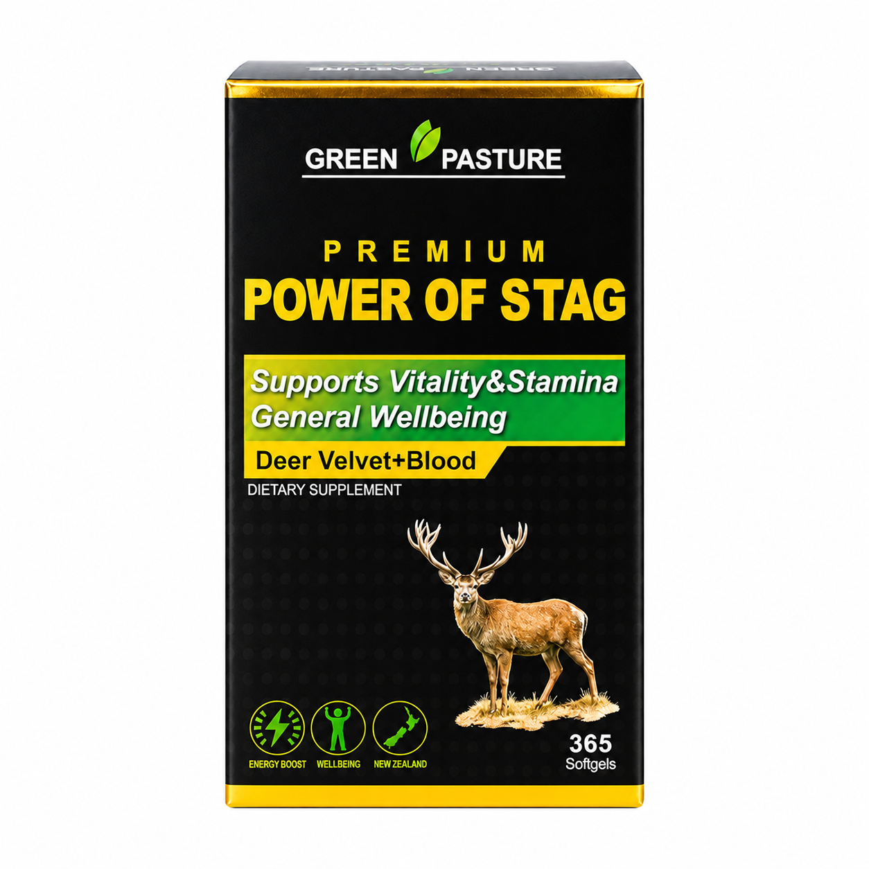 Green Pasture Power of Stag deer velvet supplement bottle, with fresh deer velvet and blood ingredients in natural packaging.