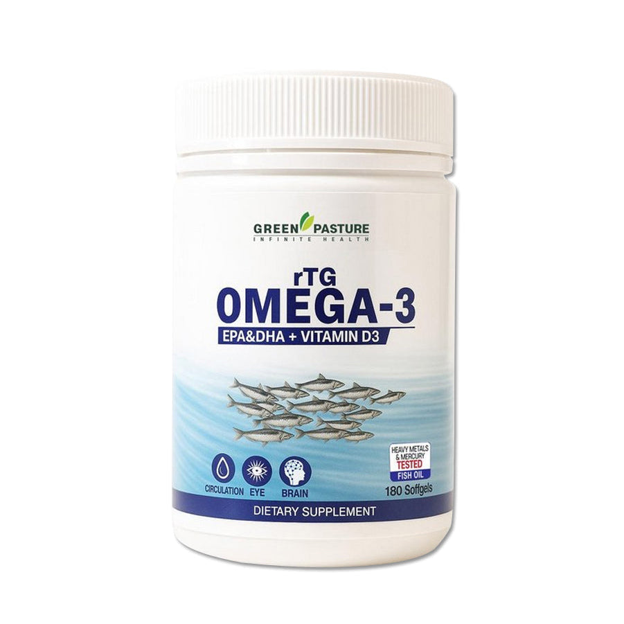 A white plastic bottle of Green Pasture 'TG OMEGA-3' dietary supplement, featuring a label with blue text, a school of fish graphic, and a white ribbed cap, set against a plain white background.